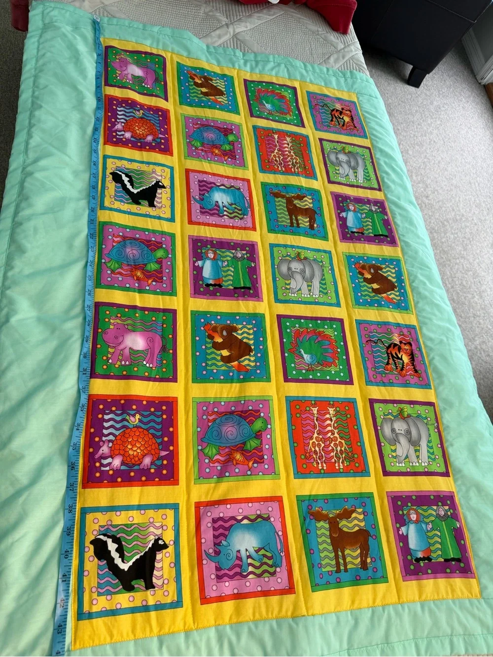 Mint Green Noah’s Ark Themed Handmade Baby Quilt — One of a Kind!!!